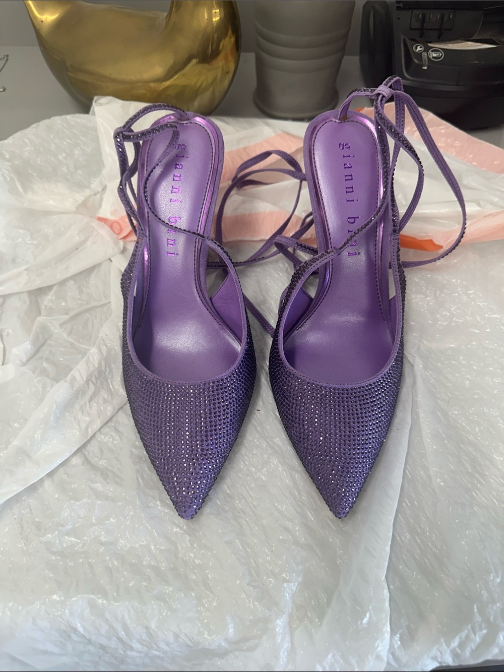 Gianni Bini Purple Pointed Toe Rhinestone Lace-Up Heels